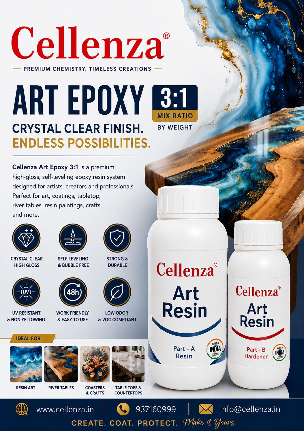 Cellenza 3:1 Art Resin Two-Part Epoxy Kit, Professional Grade, Clear, Part A Resin 750g and Part B 250gHardener